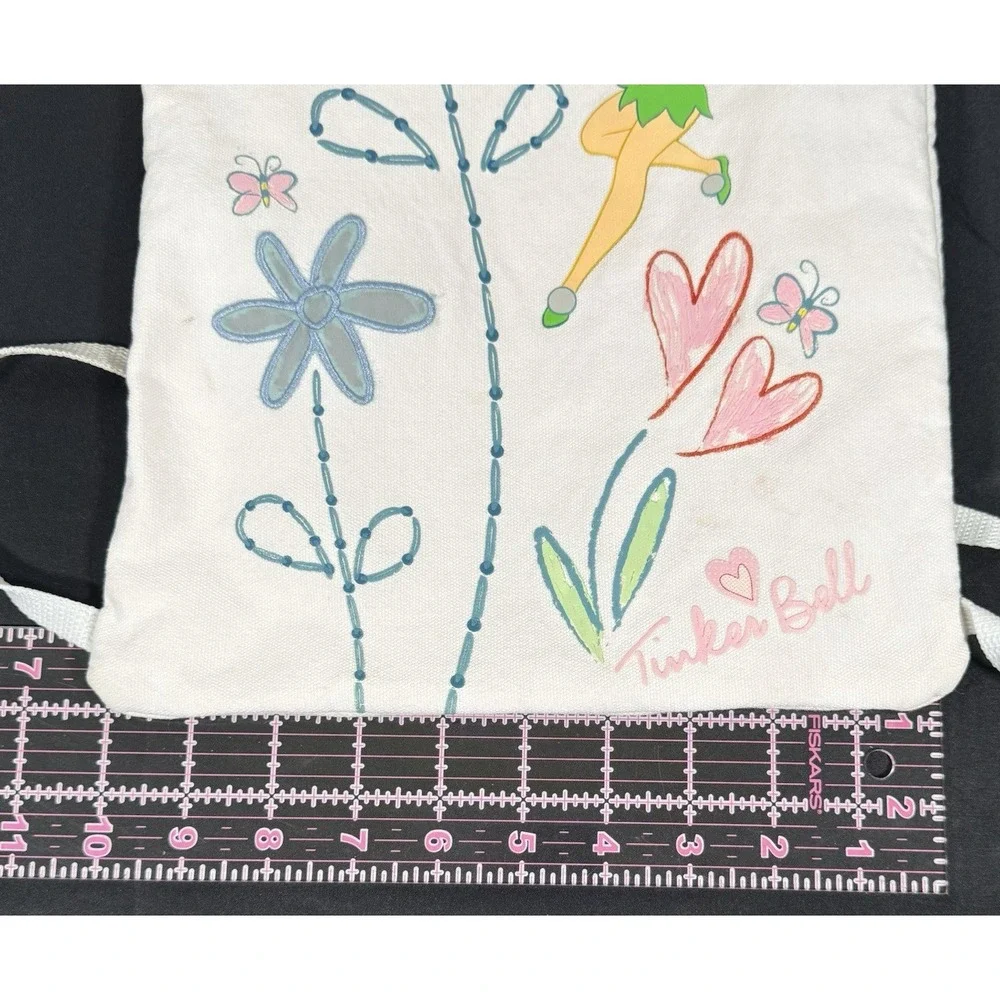 Disney Tinker Bell Drawstring Backpack Kids White Pink Embroidered Canvas